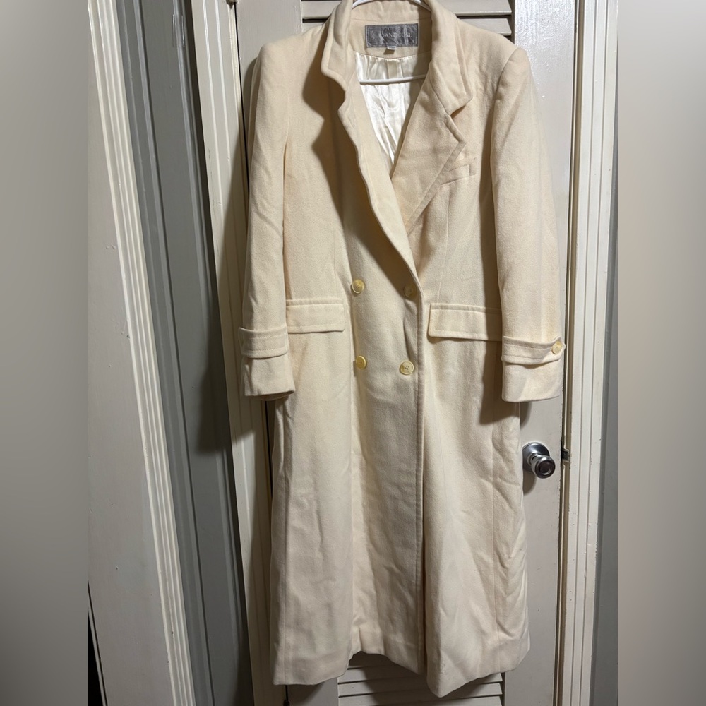 Evan Picone 100% Wool Cream Double-Breasted Trench Coat